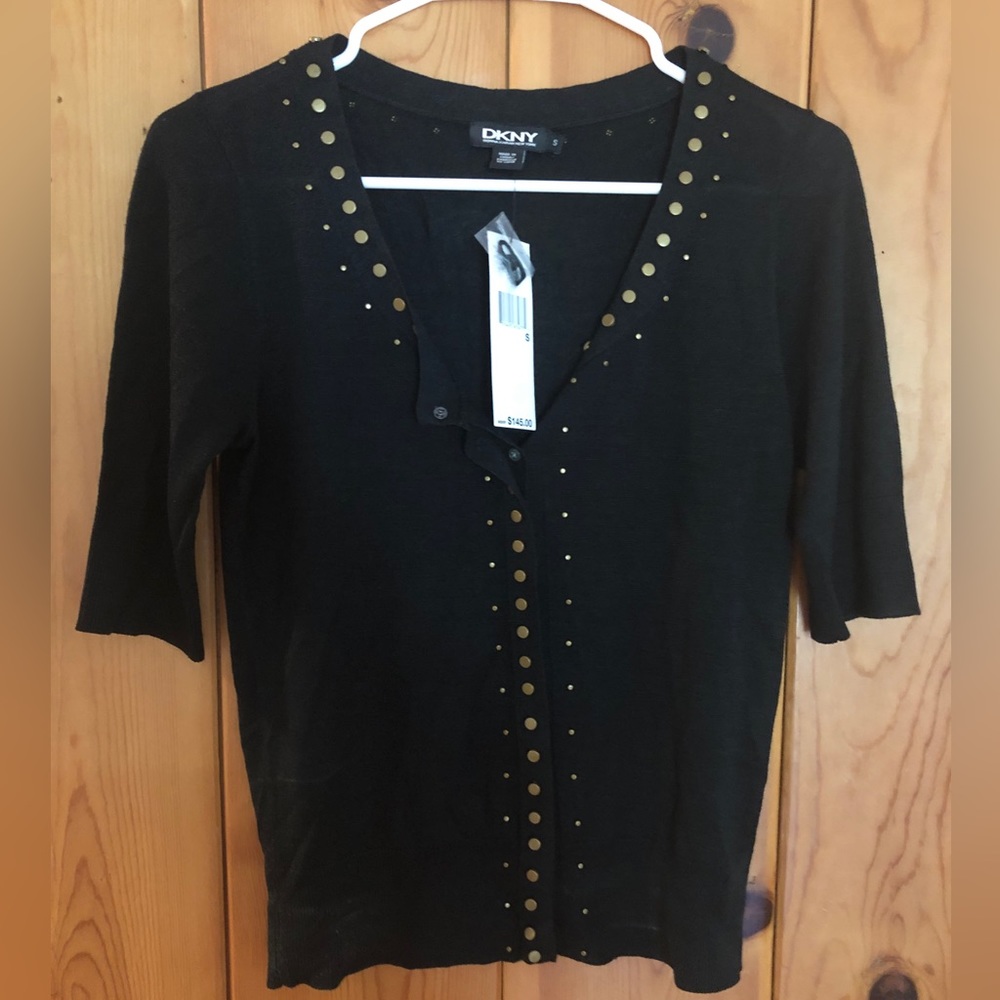 NEW! DKNY black shirt %100 tussah silk short sleeve open front
